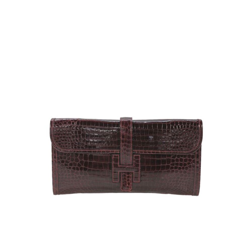Hermes Womens Bordeaux Shiny Porosus Crocodile Jige Elan Clutch Handbag